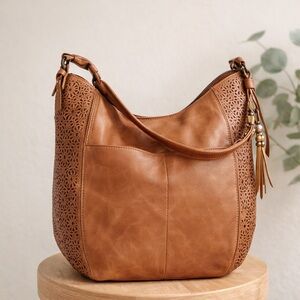 The Sak Leather Sequoia Laser Cut Hobo Shoulder Bucket Bag Tobacco Moroccan Tan